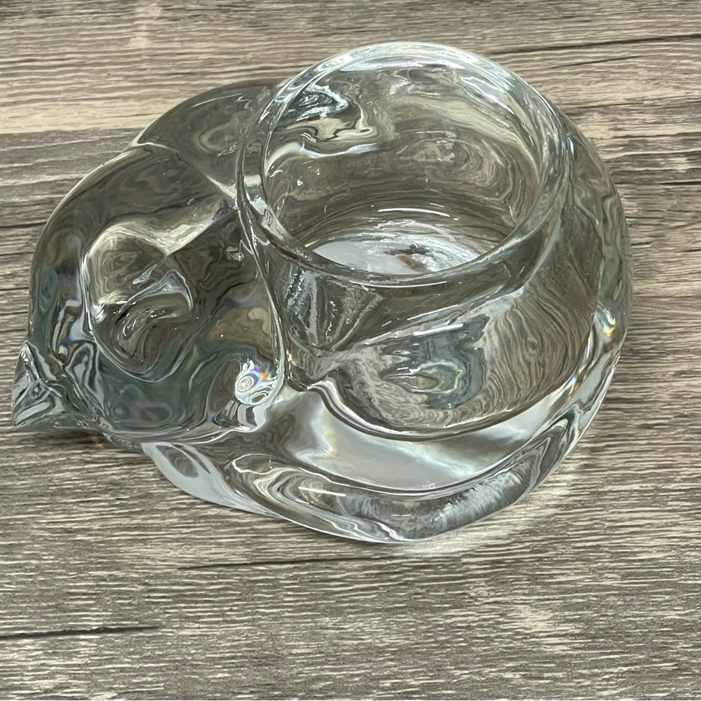 Vintage Clear Art Glass Sleeping Cat Votive Candle Holder Paperweight Figurine
